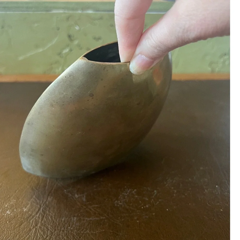 Vintage Aged Modernist Brass Vase Sculptural Elliptical Vessel Mid Century Decor